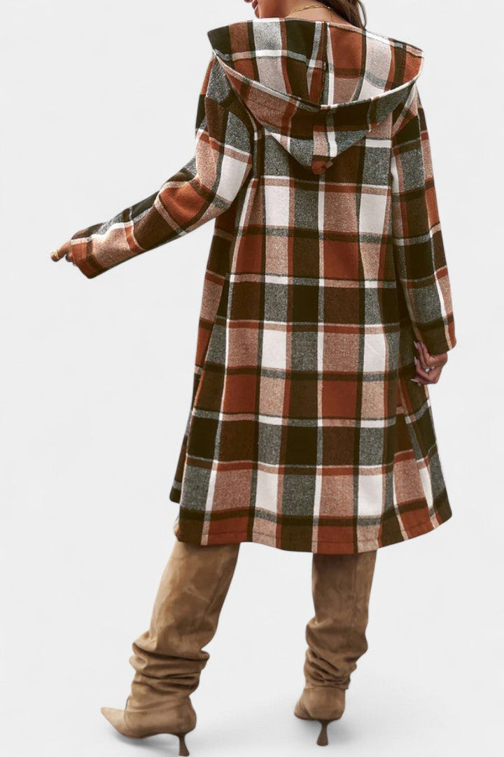Sandrine Plaid Hooded Jacket with Brushed Texture and Button Closure