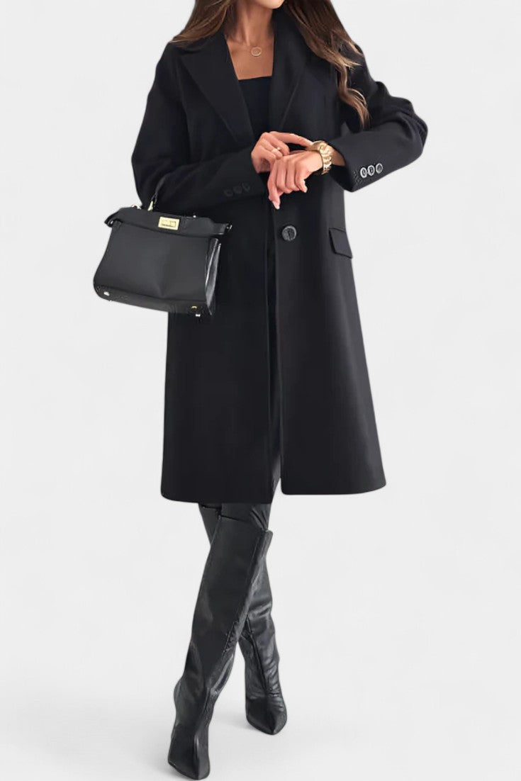 Armande Mid-Length Coat Featuring a Single Button and Notched Collar