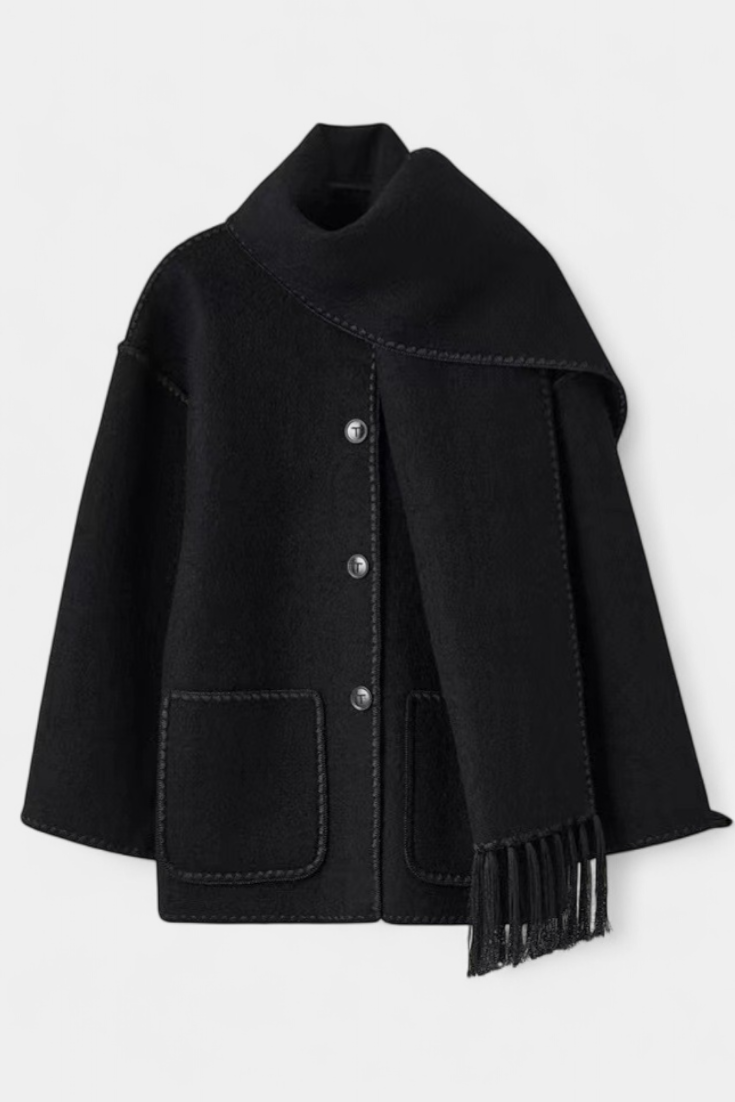 Pauline Coat Featuring Built-In Scarf and Elegant Flowing Design