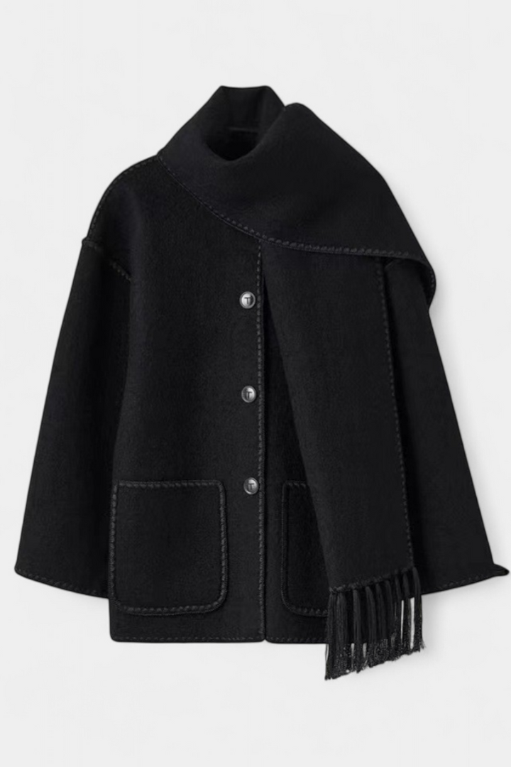 Pauline Coat Featuring Built-In Scarf and Elegant Flowing Design