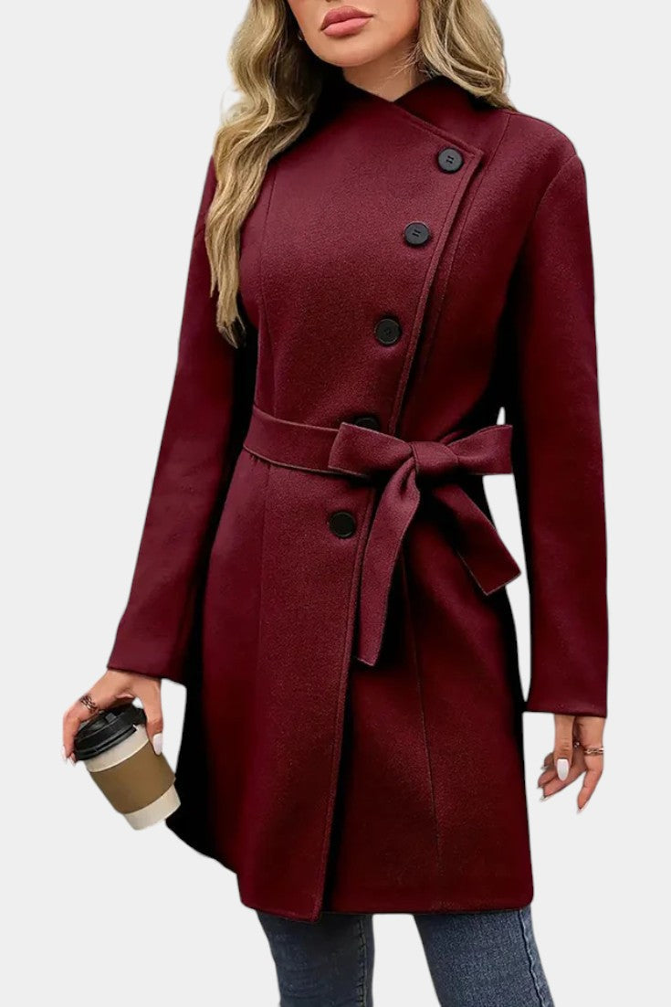 Yuliana Long Button-Up Coat with Waist Tie