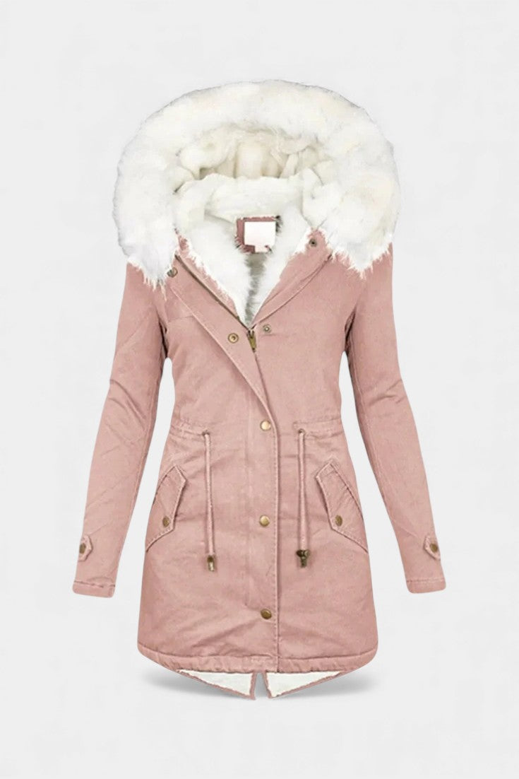 Lanra Belted Hooded Winter Parka with Faux Fur Trim