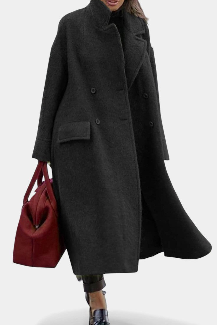 Camile Oversized Long Double-Breasted Coat with Notched Collar