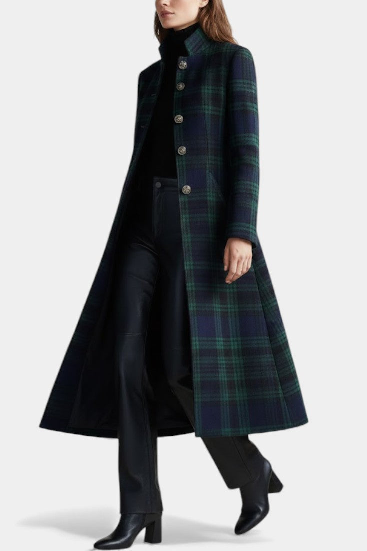 Caterina Two-Tone Blue-Green Retro Plaid Midi Coat