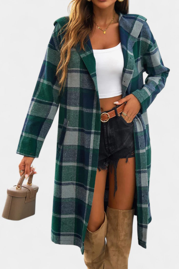 Sandrine Plaid Hooded Jacket with Brushed Texture and Button Closure