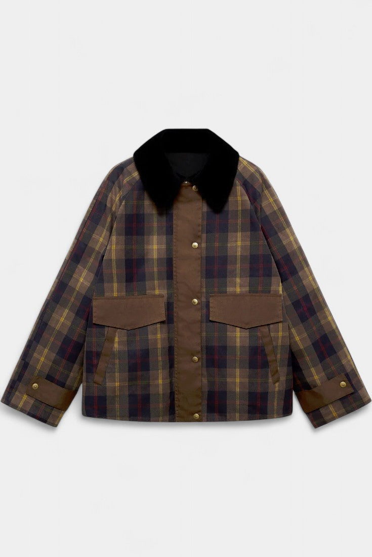Checkered Print Ausra Straight Jacket with Contrasting Collar