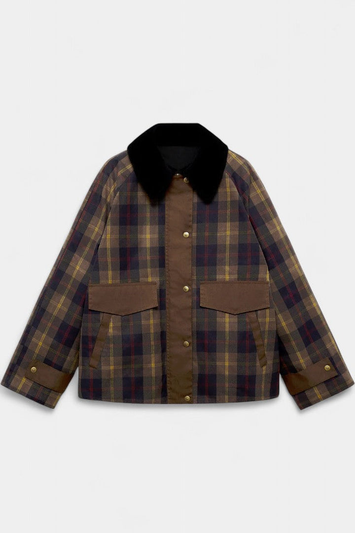 Checkered Print Ausra Straight Jacket with Contrasting Collar