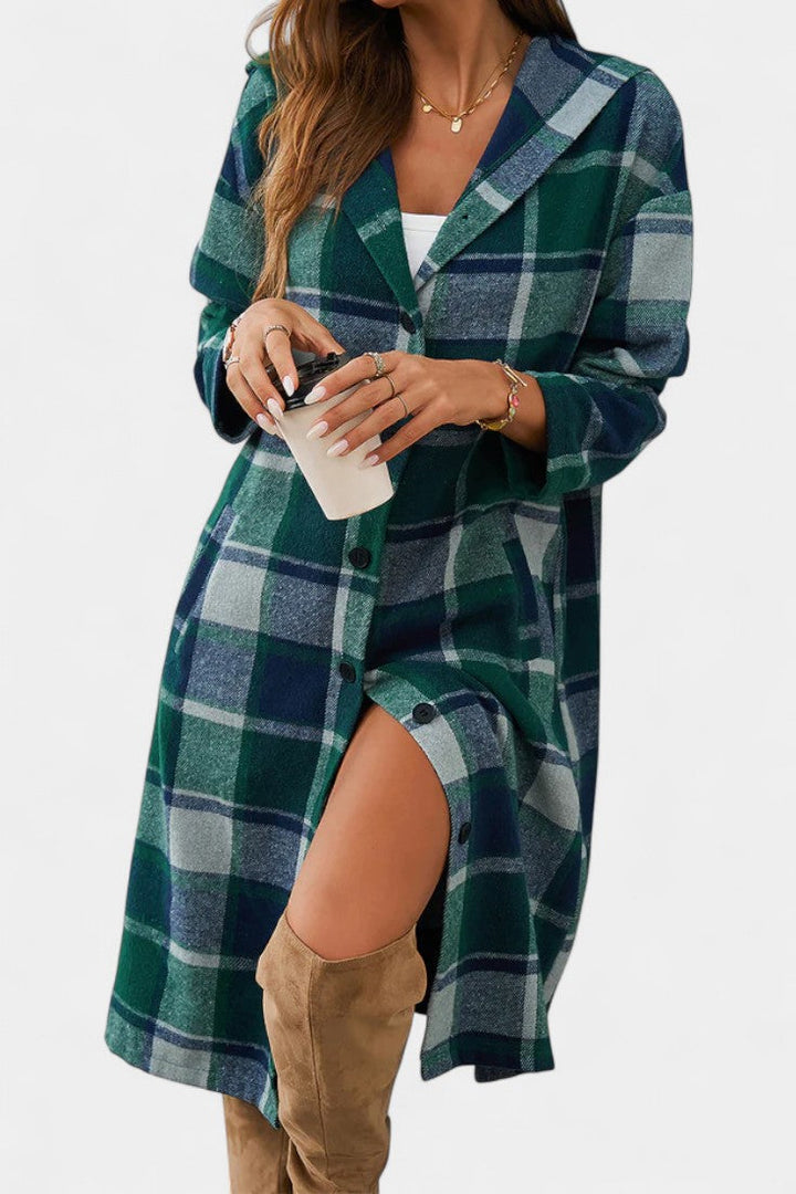 Sandrine Plaid Hooded Jacket with Brushed Texture and Button Closure