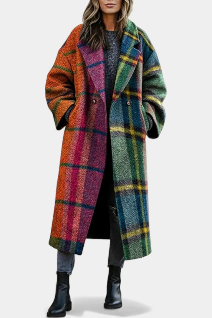 Suhana Elegant Notched Collar Checkered Coat in Contrasting Colors