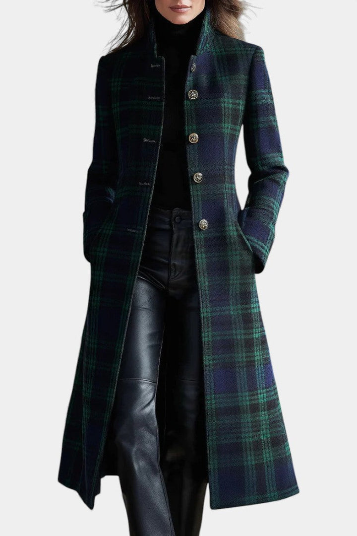 Caterina Two-Tone Blue-Green Retro Plaid Midi Coat