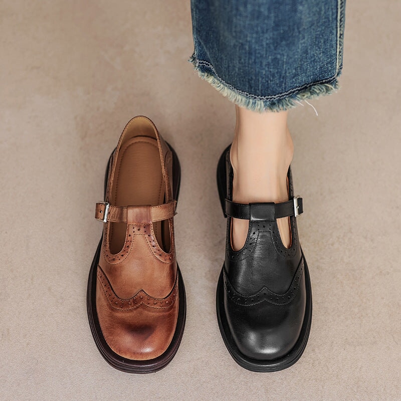 Rosie | Women's Leather T-Strap Mary Jane Shoes Brogue Block Heel
