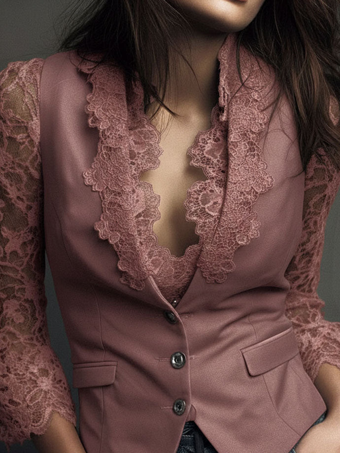 Noémie | Pink Blazer Top with Semi-Transparent Sleeves