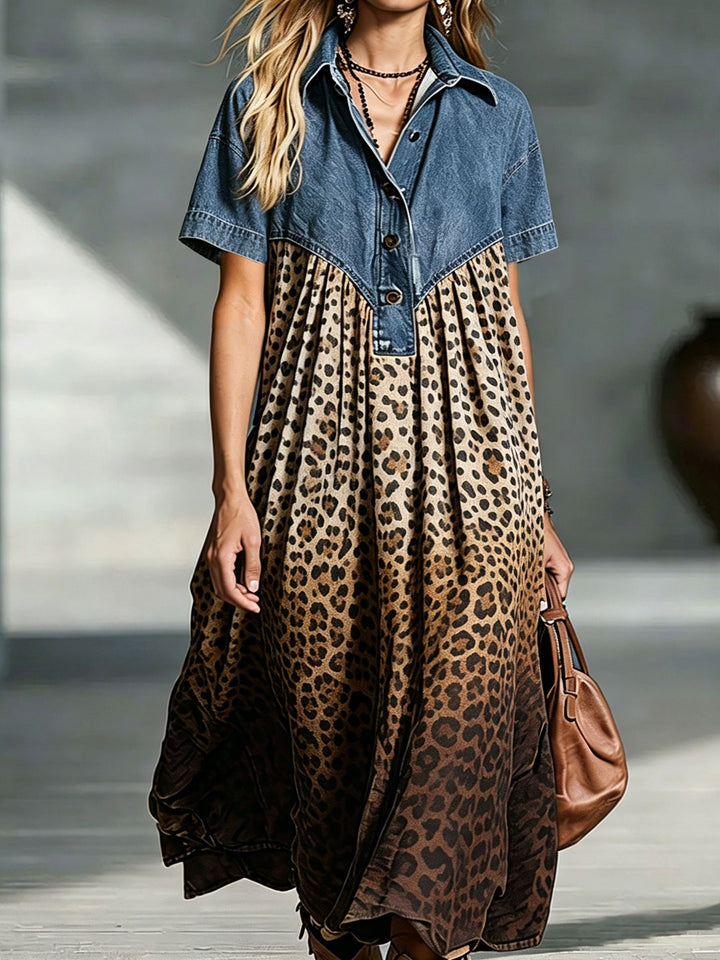 Stella™ | Women’s Denim Spliced Gradient Leopard Print Shirt Midi Dress
