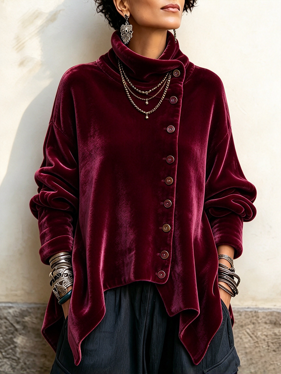 Deborah | Chic Velvet Asymmetric Button Turtleneck Top