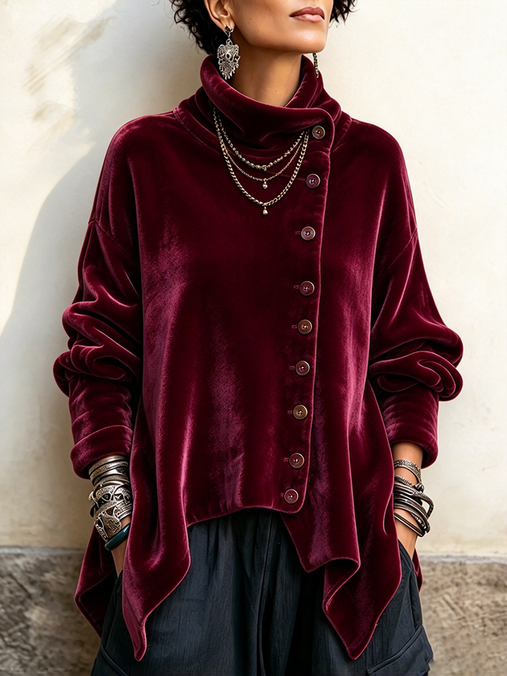 Deborah | Chic Velvet Asymmetric Button Turtleneck Top