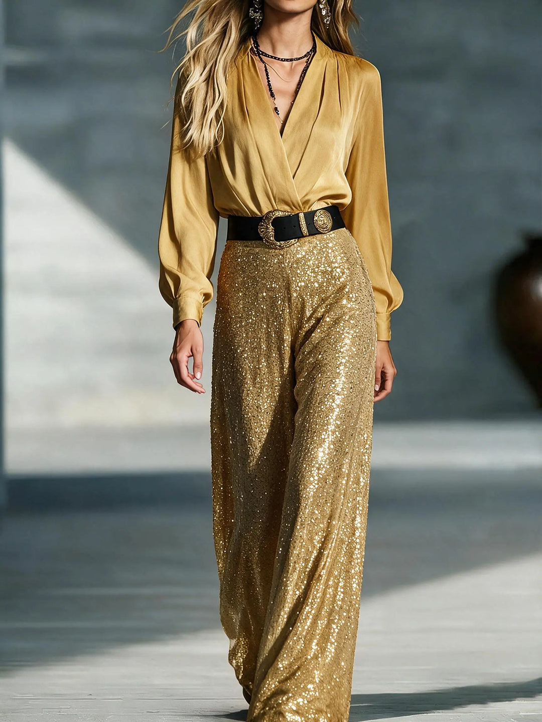 Mirelle™ | Sequin V-Neck Belted Evening Jumpsuit