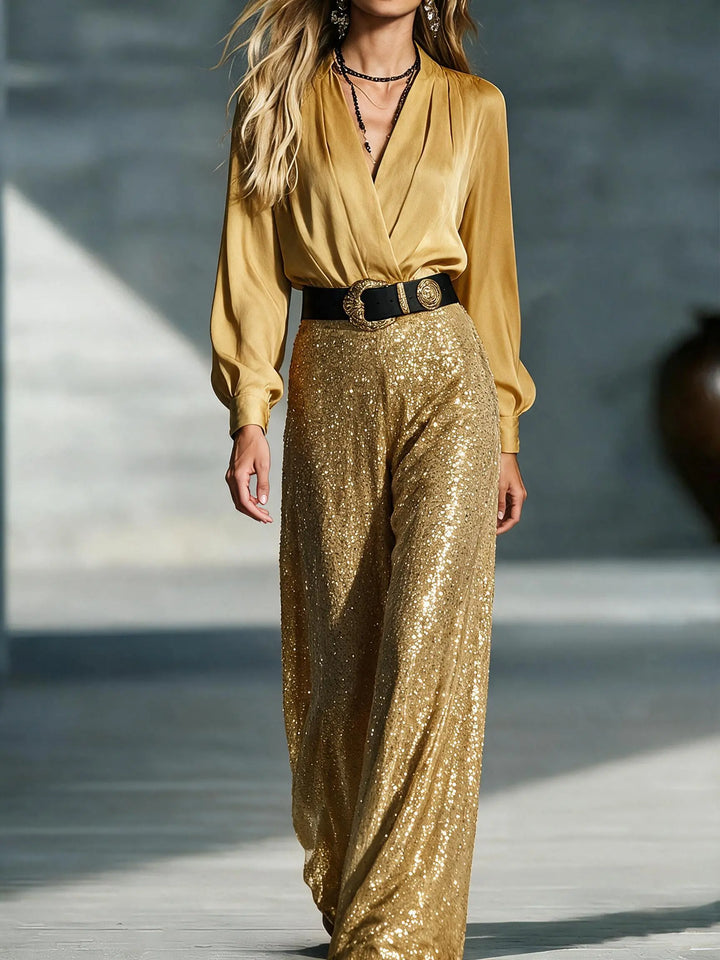 Mirelle™ | Sequin V-Neck Belted Evening Jumpsuit