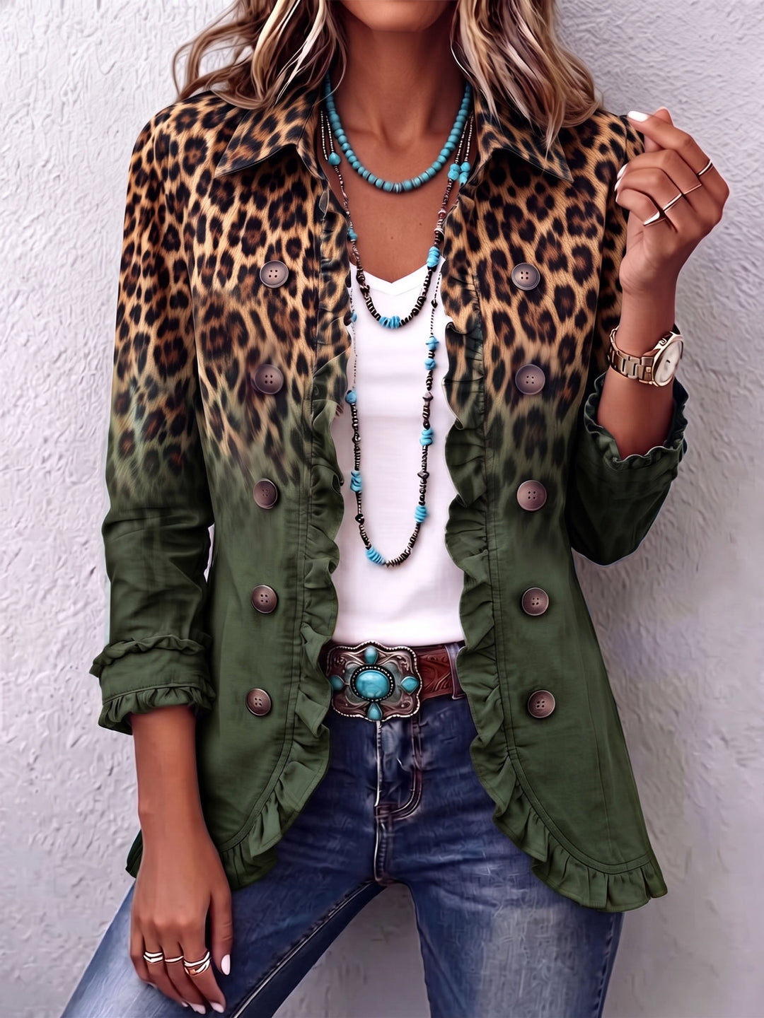 Freya™ | Leopard Teal Ruffle Statement Blazer