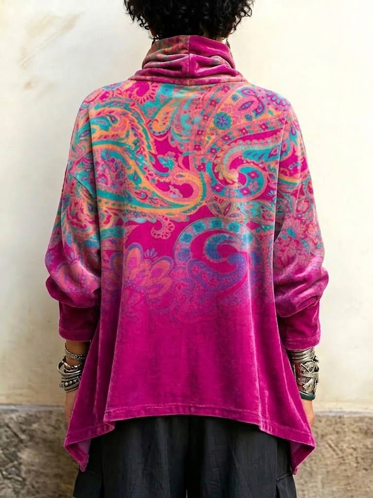 Patricia | Vintage-style Paisley Print Velvet Long Top