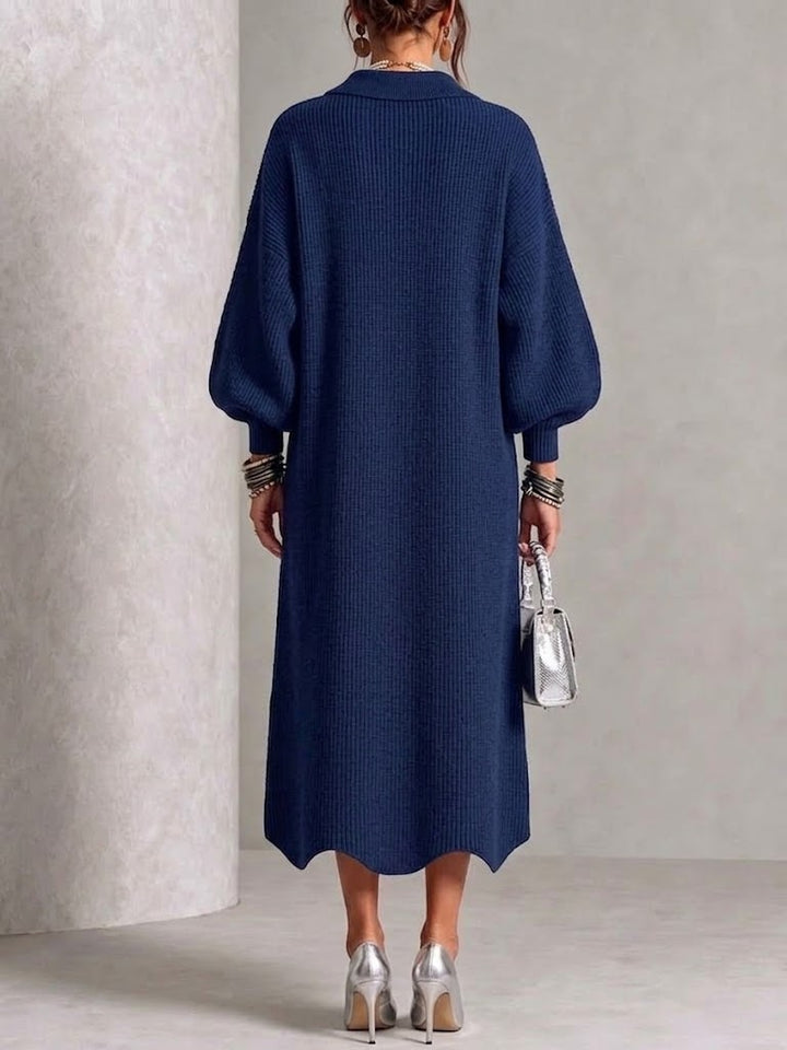 Elodie™ | Buckle Lapel Lantern Sleeve Knit Dress