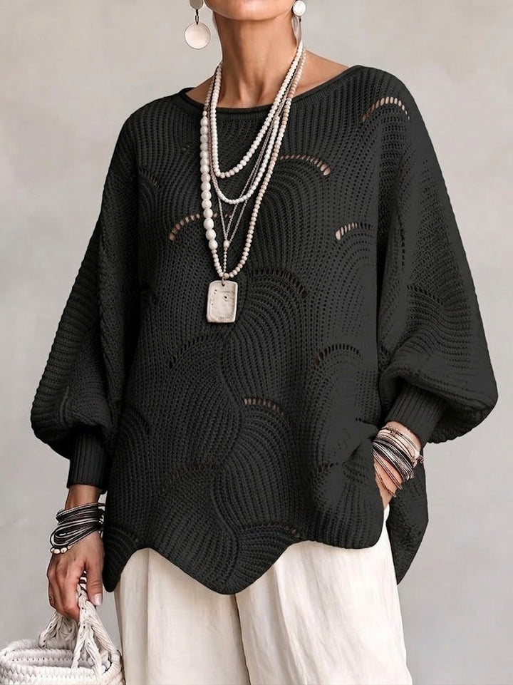 Hollow Wave Pattern Loose Lantern Sleeve Knit Top