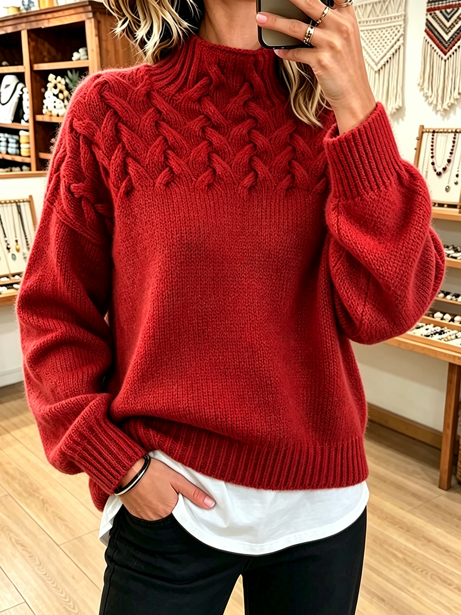 Amelia™ | Chic Cozy Basketweave Cable-knit Mock Neck Sweater