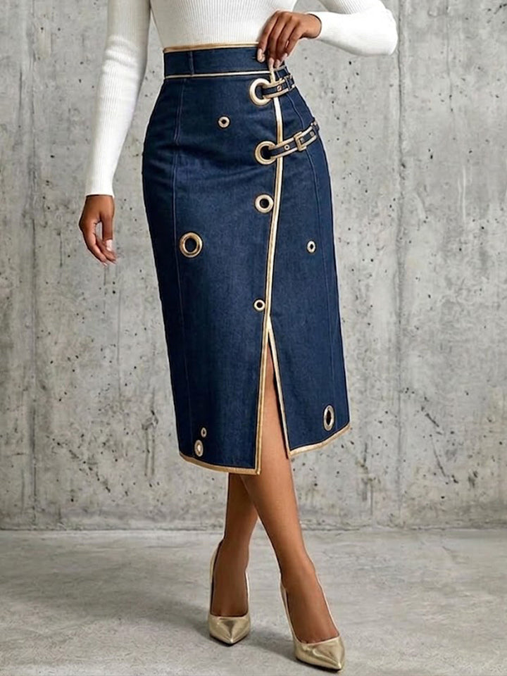 Penelope™ | Chic And Refined Denim Midi Skirt With Gold Piping.