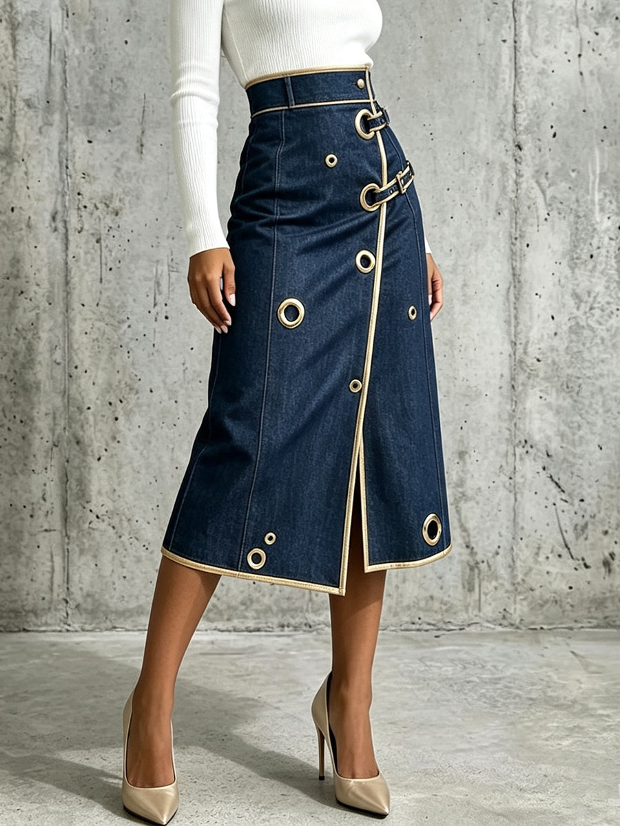 Evelyn™ | Gold Piping Refined Denim Midi Skirt