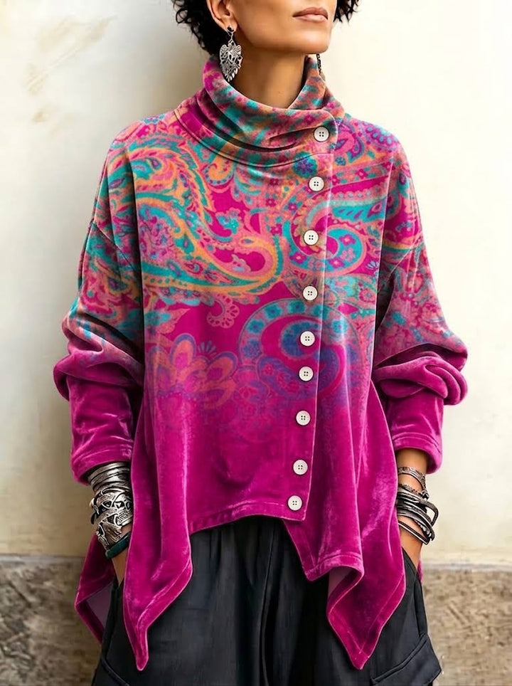 Patricia | Vintage-style Paisley Print Velvet Long Top