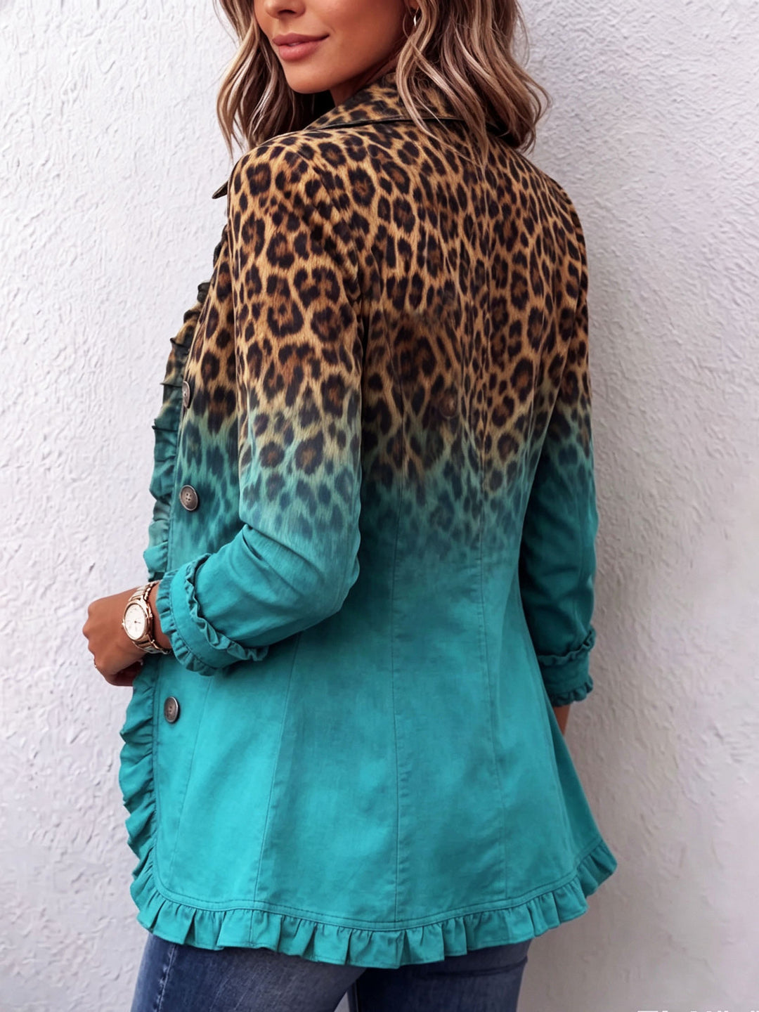 Chloe™ | Bold Boho Leopard & Teal Ruffle Blazer Jacket