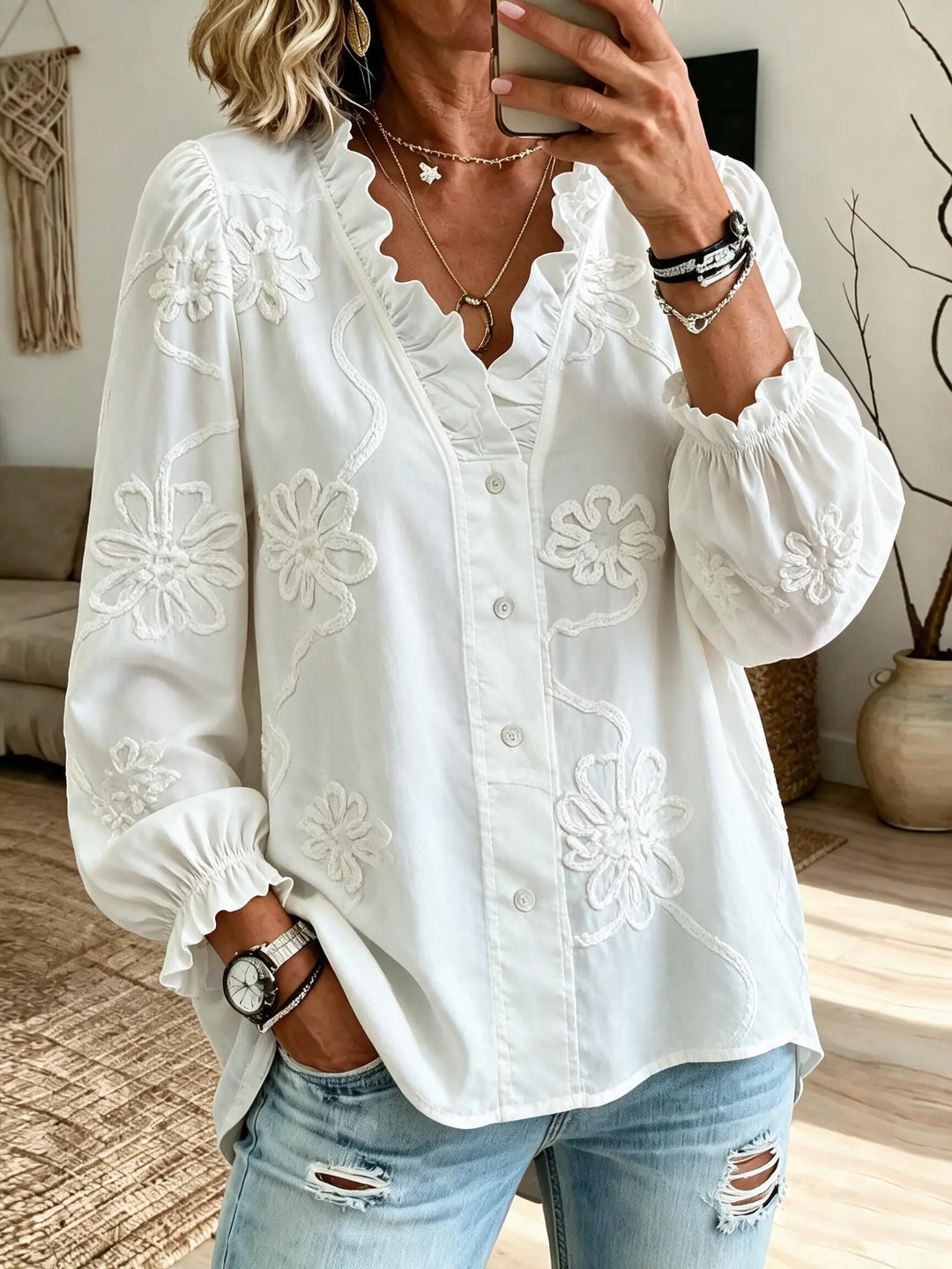 Women's Cotton long-sleeved Embroidered Ruffled Blouse