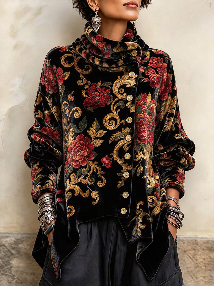 Cynthia | Vintage-style Floral Print Velvet Top