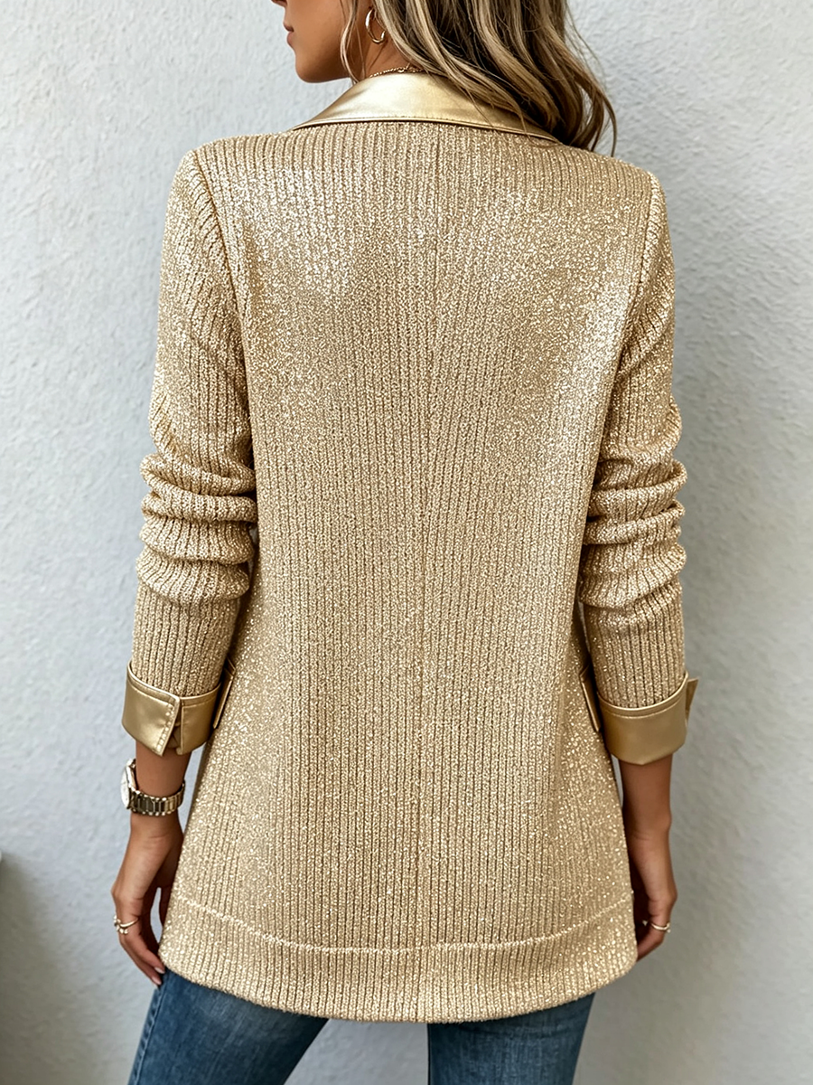 Valeria™ | Metallic Knit Faux Leather Trim Blazer