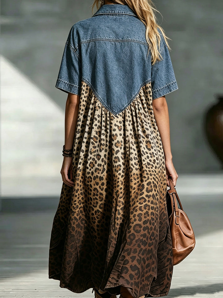 Kaia™ | Gradient Leopard Denim Shirt Midi Dress