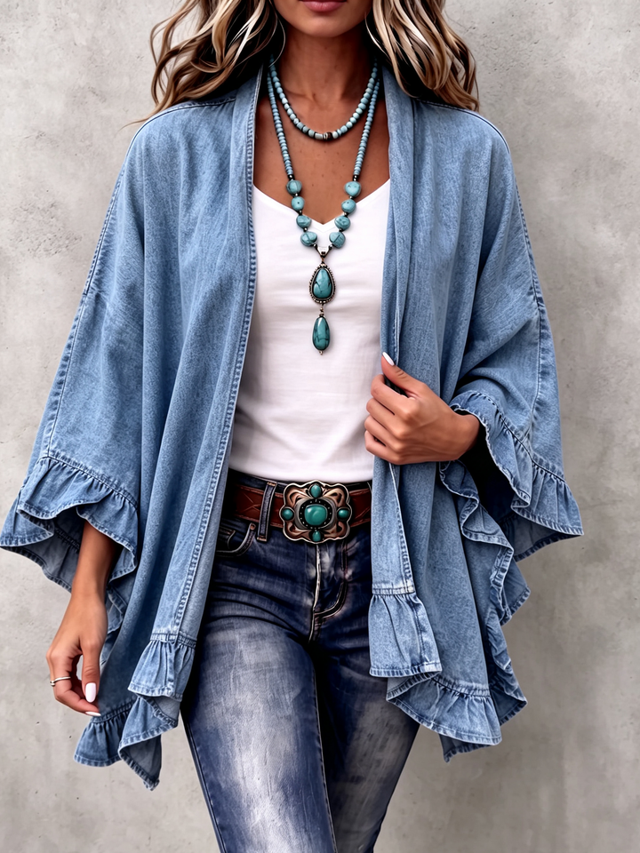 Naomi™ | Chic Boho Denim Ruffle Trim Cardigan