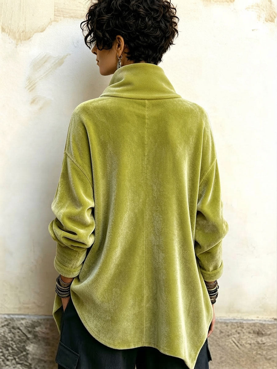Deborah | Chic Velvet Asymmetric Button Turtleneck Top
