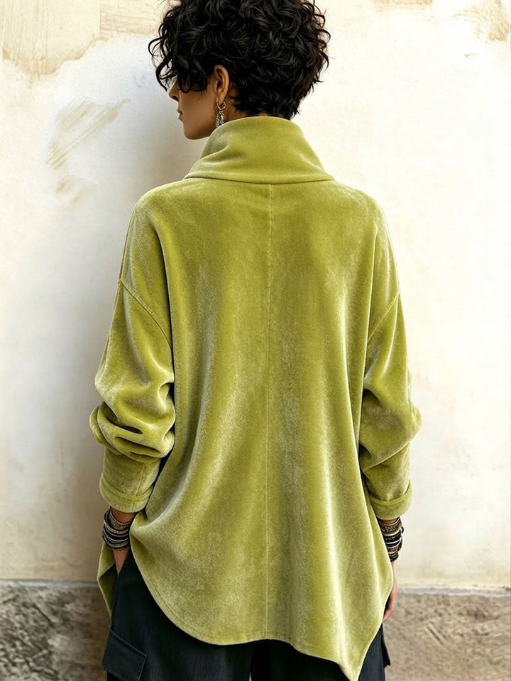 Deborah | Chic Velvet Asymmetric Button Turtleneck Top