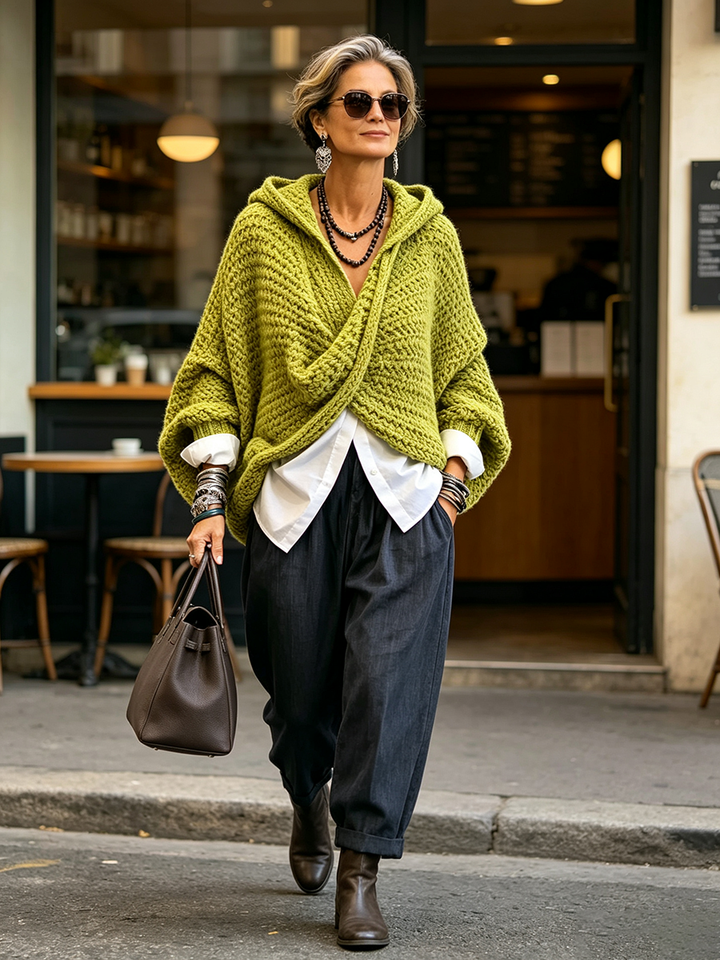 Elara™ | Relaxed Knitted Crossover Hooded Sweater