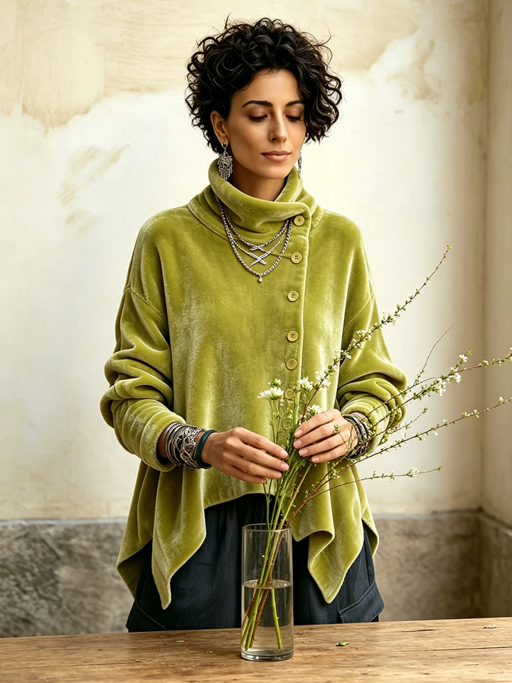 Deborah | Chic Velvet Asymmetric Button Turtleneck Top