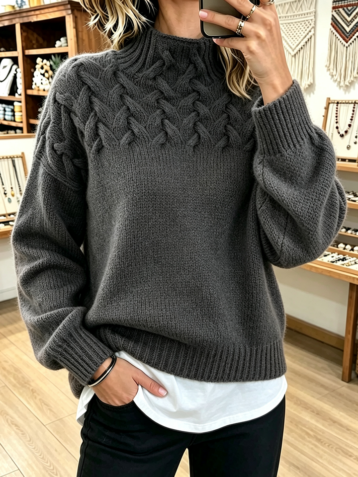 Fiona™ | Basketweave Cable Knit Mock Neck Sweater