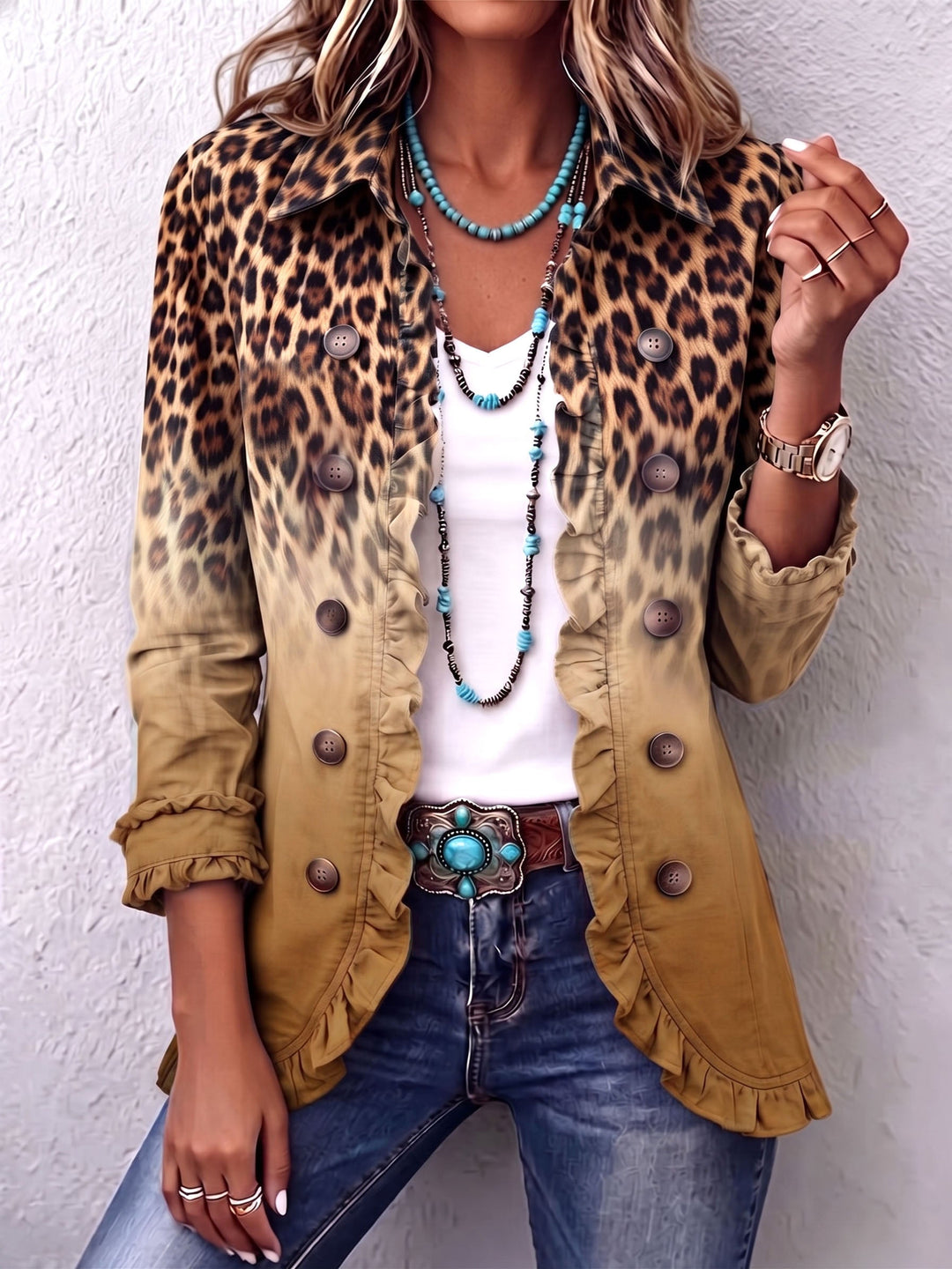 Freya™ | Leopard Teal Ruffle Statement Blazer
