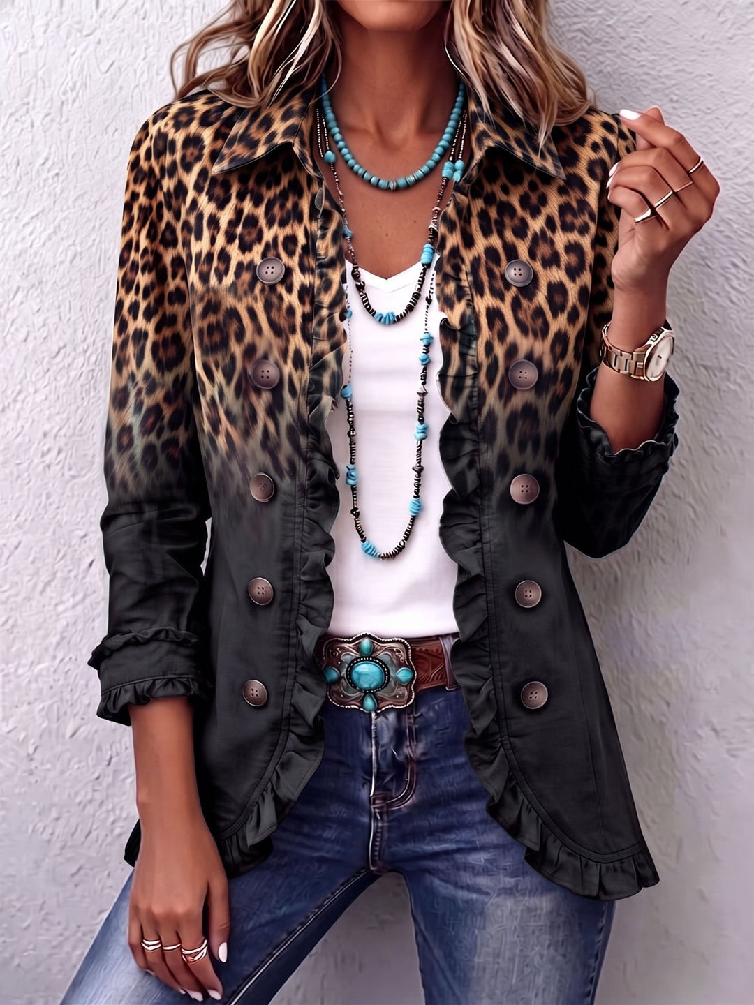 Freya™ | Leopard Teal Ruffle Statement Blazer