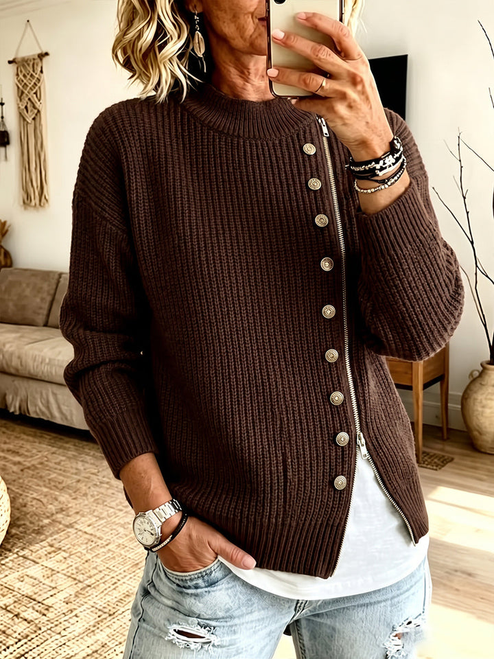 Emily™ | Asymmetric Zip & Button Ribbed Knit Pullover