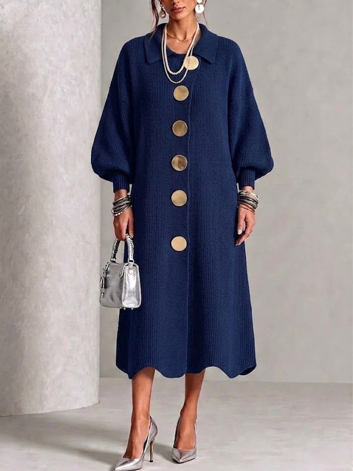 Nora™ | Long-sleeve Knit Dress With A Large Metal Buckle, Lapel Collar, And Lantern Sleeves