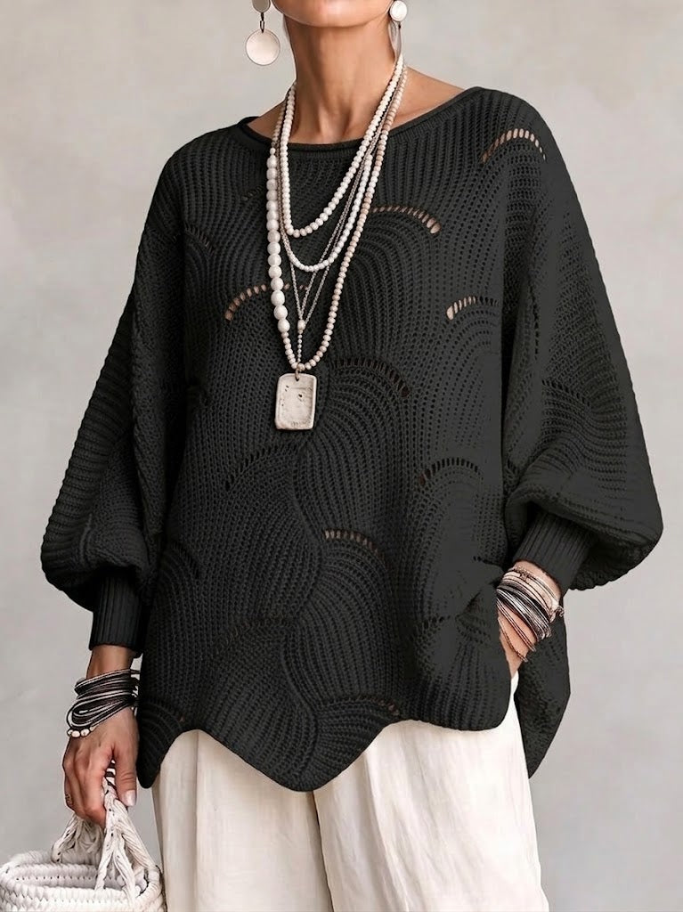 Esme™ | Openwork Wave Lantern Sleeve Knit Top