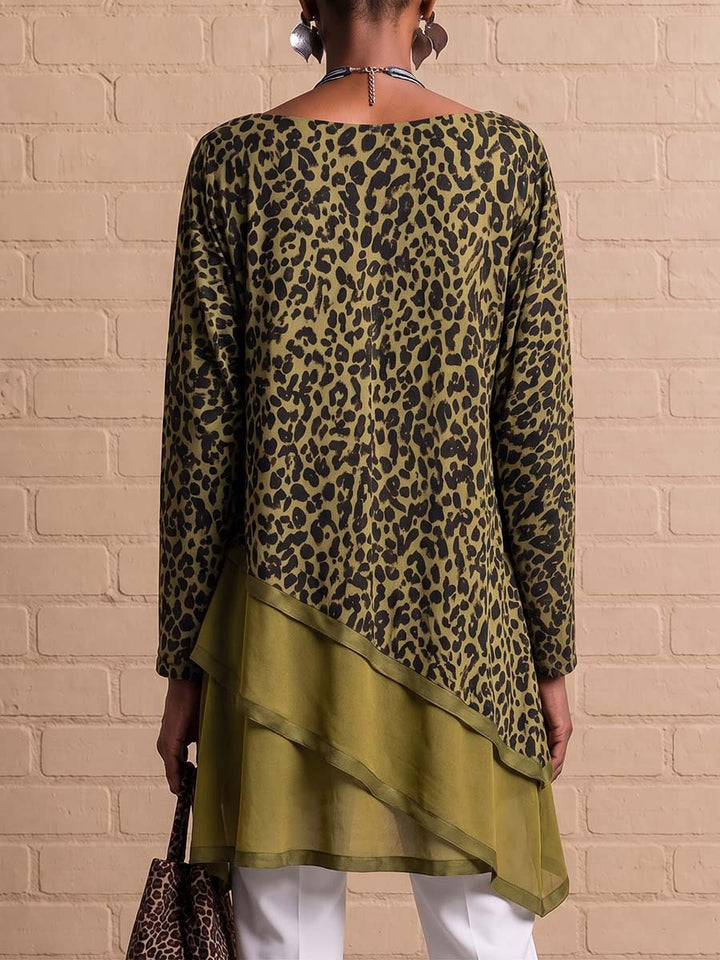 Nadia™ | Leopard Patchwork Relaxed Long Sleeve Top