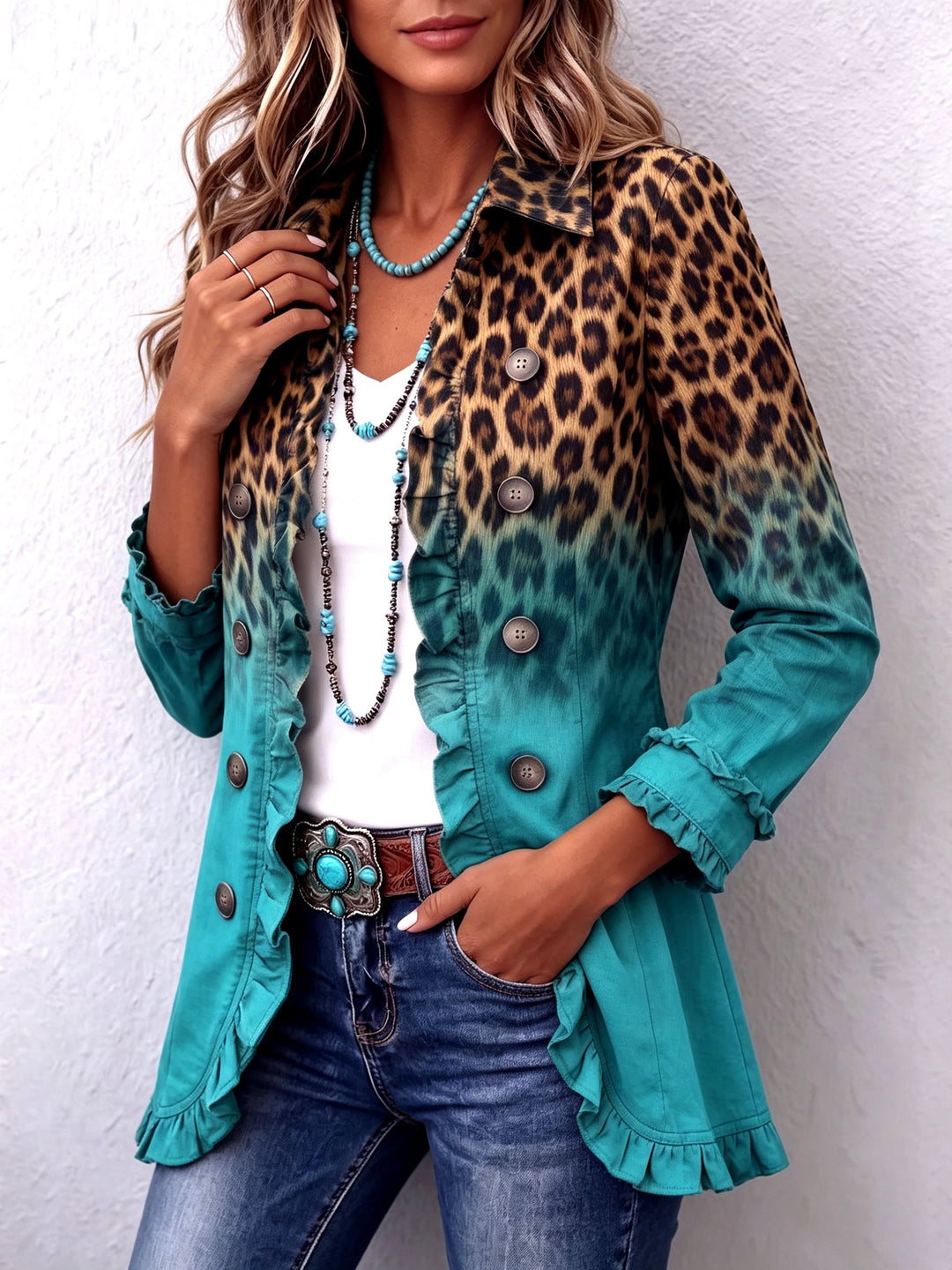 Freya™ | Leopard Teal Ruffle Statement Blazer