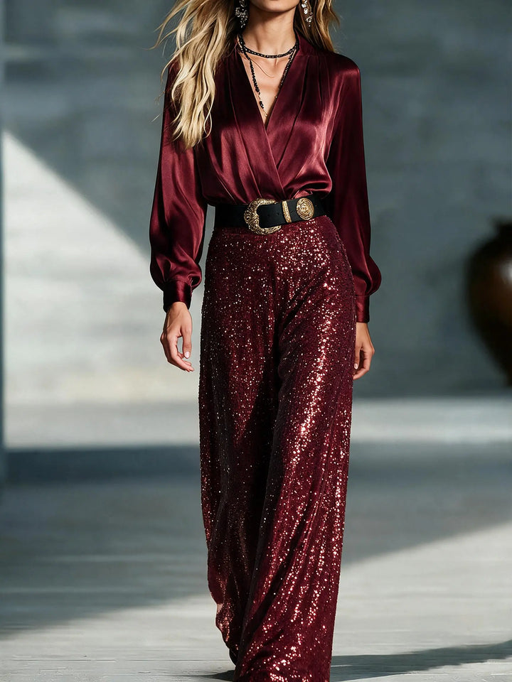 Mirelle™ | Sequin V-Neck Belted Evening Jumpsuit