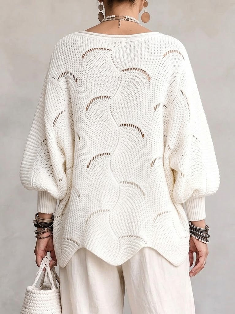 Esme™ | Openwork Wave Lantern Sleeve Knit Top
