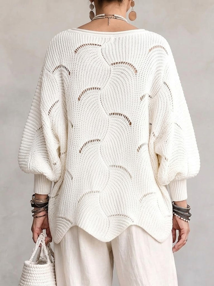 Esme™ | Openwork Wave Lantern Sleeve Knit Top